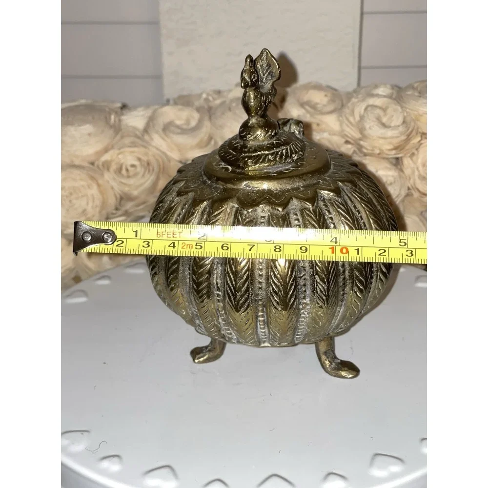 Antique Indian Cast Bronze Mughal Footed Ink Well w/ Peacock Lid‎ & Fluted Sides